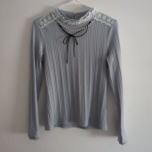 NWOT Axes Femme Lace Trim Ribbed Pearl Bow Top Light Blue
